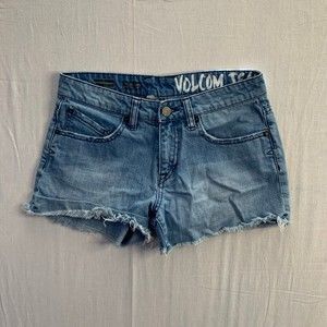 Volcom Stoned Distressed Frayed Hem Denim Shorts
